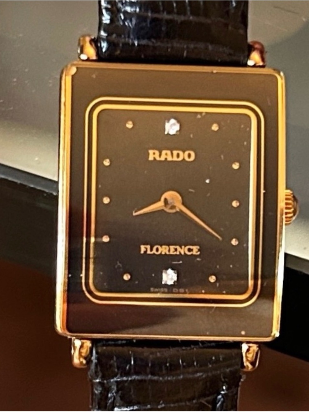 Rado Florence Sapphire Crystal Gold and Black face Rectangular Ladies Watch